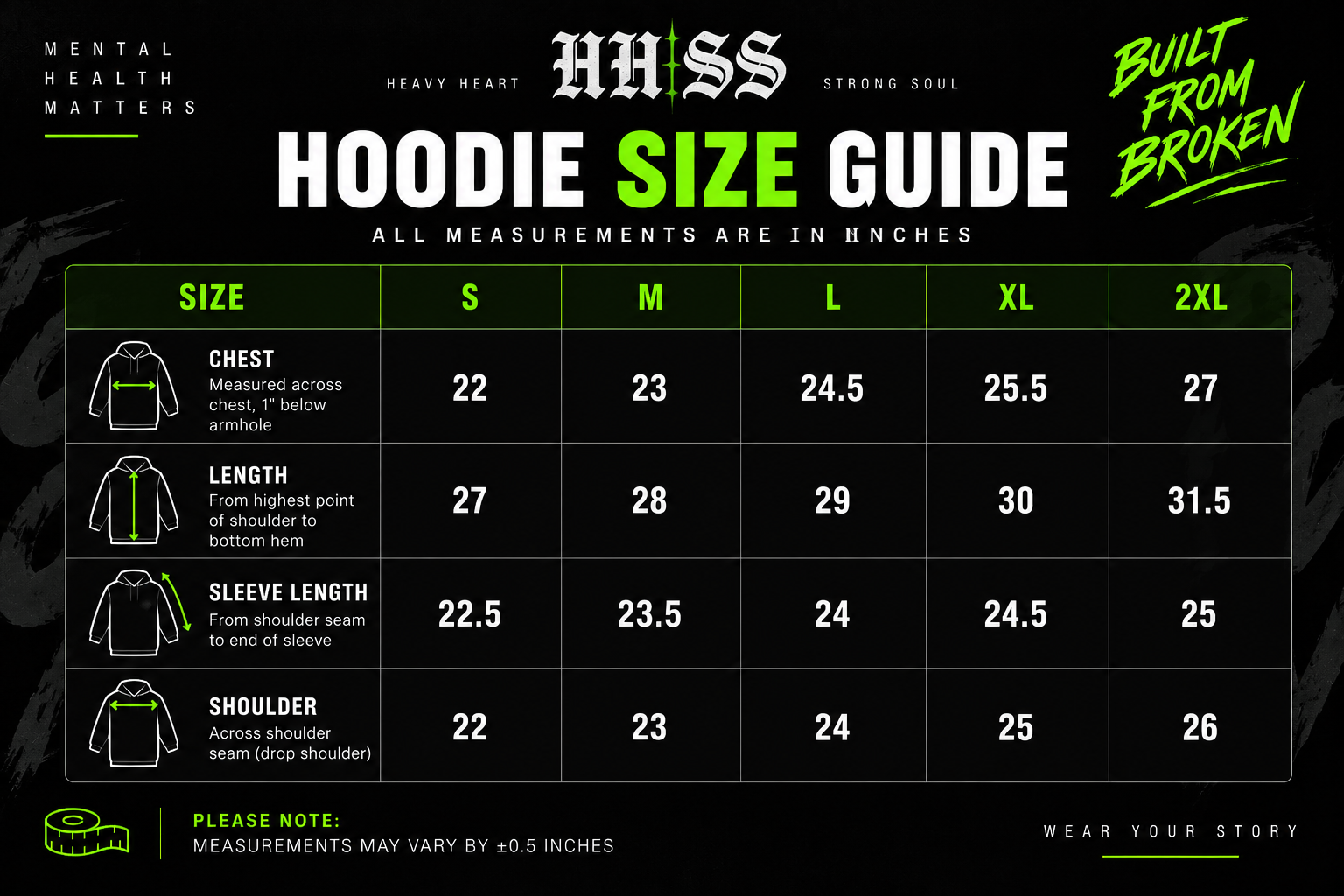 HHSS hoodie size guide in inches for M, L and XL: chest, length, sleeve length and shoulder measurements