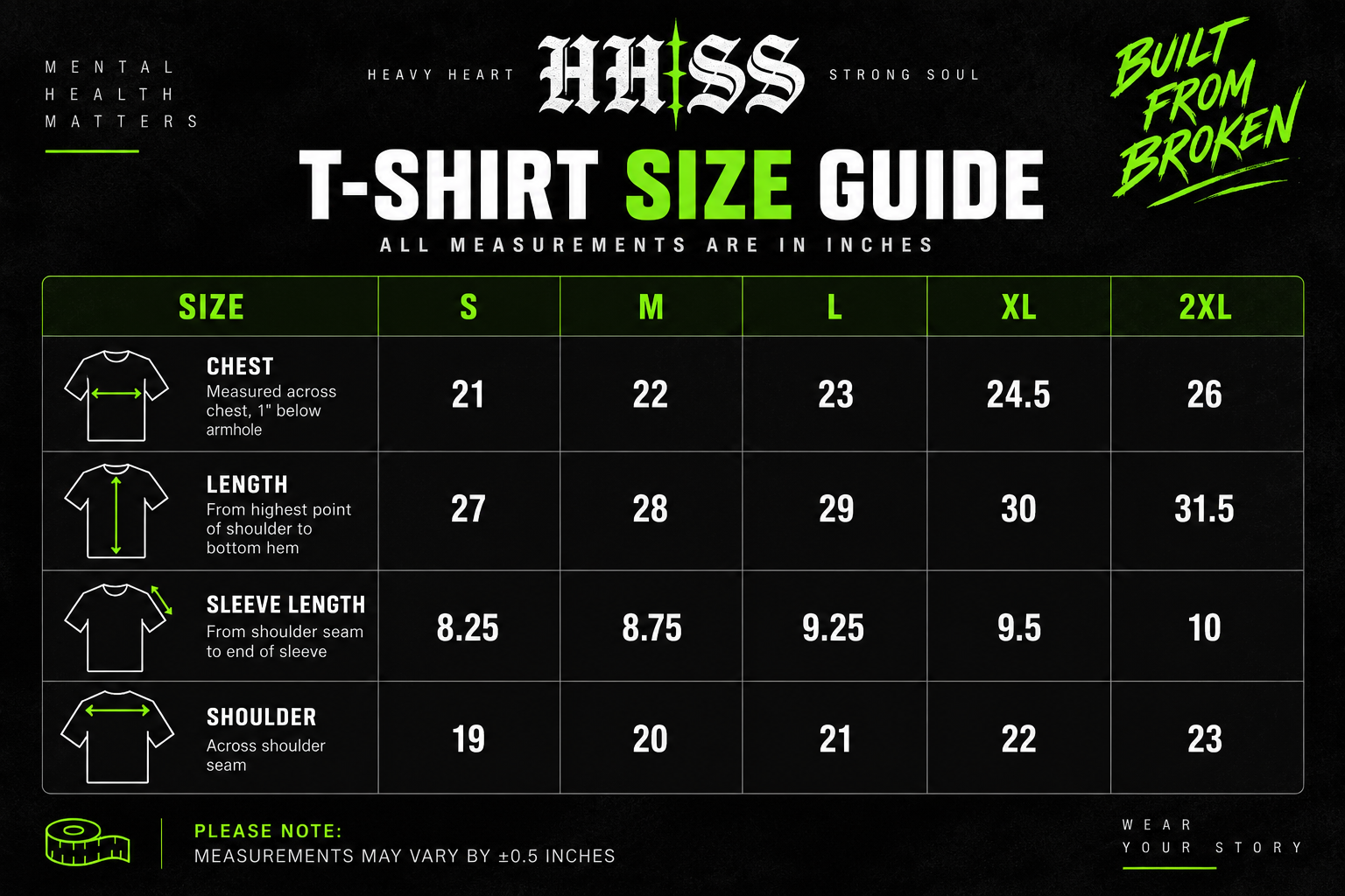 HHSS t-shirt size guide in inches for M, L and XL: chest, length, sleeve length and shoulder measurements
